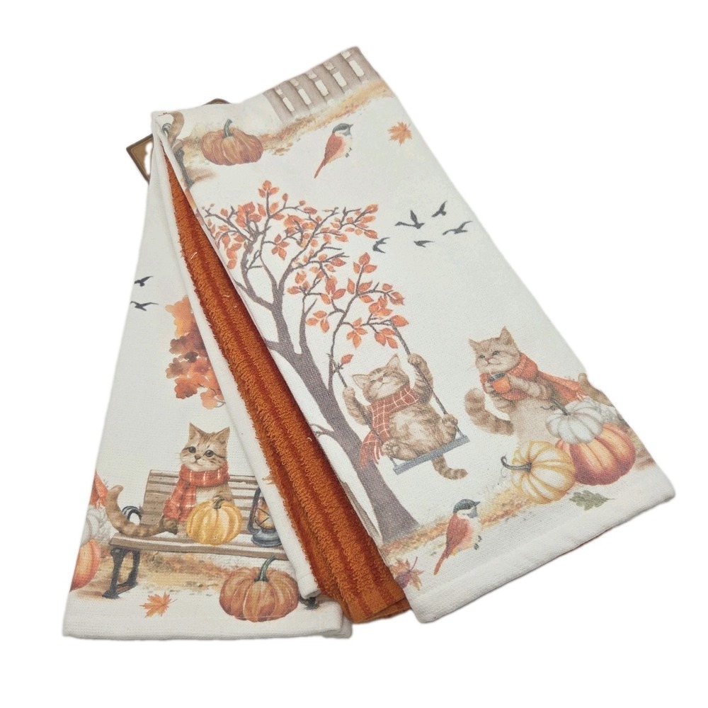 Well Dressed Home Fall Cat Pumpkin Kitchen Towels Set of 3 Cotton Thanksgiving